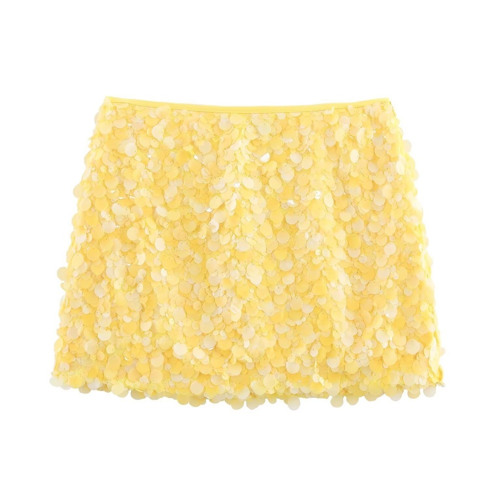 NWOT Yellow & White Sequin Mini Bodycon Skirt Medium Disco Party Festival